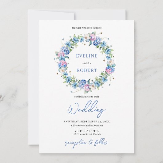 Invitation Elégant Boho bleu hydrangea couronne fleurie (Devant)