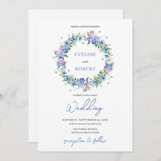 Invitation Elégant Boho bleu hydrangea couronne fleurie (Devant / Derrière)