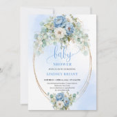 Invitation Elegant Boho Blue Floral Greenery Gold Baby Shower (Devant)