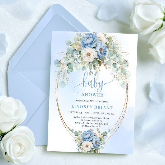 Invitation Elegant Boho Blue Floral Greenery Gold Baby Shower