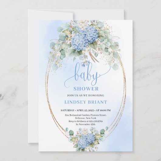 Invitation Elegant Boho Blue Hydrangea Gold Baby Shower (Devant)