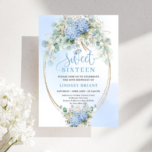 Invitation Elegant Boho Blue Hydrangeas Sweet Sixteen Invite