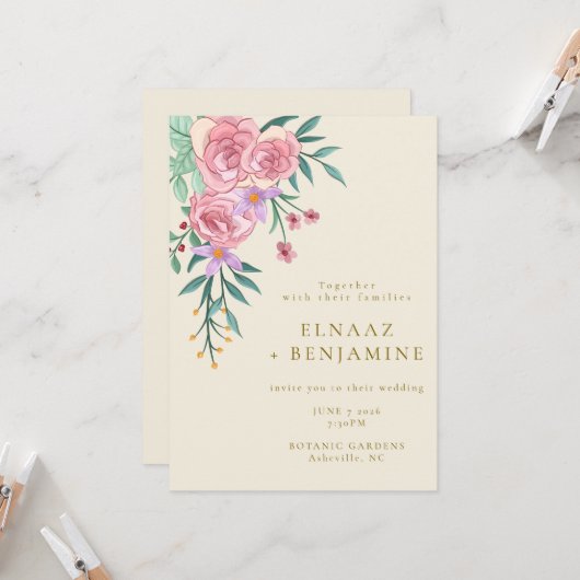 Invitation Elégant Boho Blush Rose Aquarelle Mariage Floral (Devant/Arrière en situation)