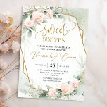 Invitation Elégant boho blush roses et cadre d'or eucalyptus<br><div class="desc">Elégant boho blush roses et eucalyptus cadre or sweet sixteen invitation, Design bohème élégant, inspiré par les roses éternels - les pivoines - le symbole de l'amour, jardin fleuri luxuriant de roses roses rousses rousses et poussiéreuses, tissé dans la verdure fraîche eucalyptus et tissé autour du cadre oval or fax....</div>
