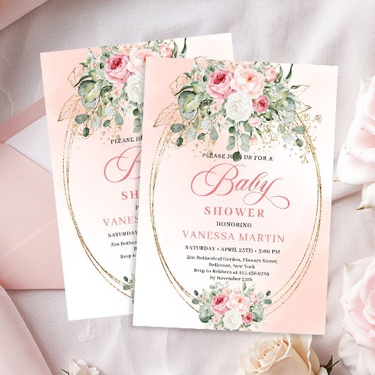 Invitation Elegant Boho Blush Roses Gold Baby Shower Invite