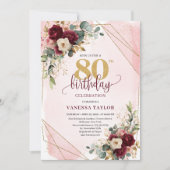 Invitation Elégant boho bordeaux roses or 80e anniversaire (Devant)