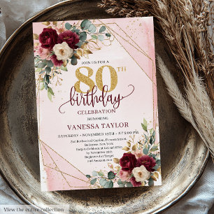 Invitation Elégant boho bordeaux roses or 80e anniversaire