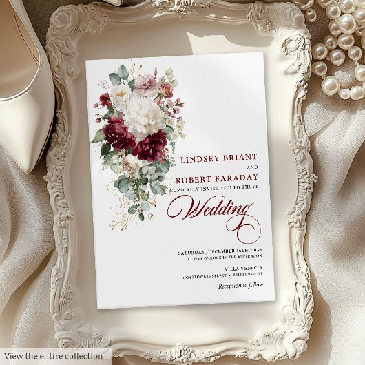 Invitation Elégant Boho Bourgogne Blanc Floral Mariage Invita