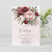 Invitation Élégant Boho Bourgogne Blush Floral Mariage (Debout devant)