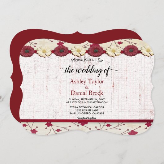 Invitation Élégant Boho Bourgogne Classy Moderne Floral Maria (Devant / Derrière)