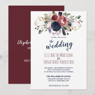 Invitation Elégant Boho Bourgogne et Mariage floral bleu mari
