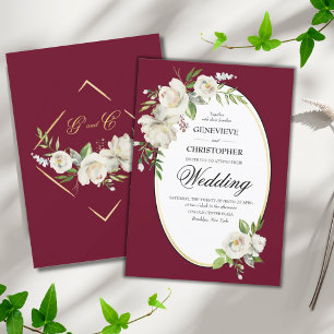 Invitation Elégant Boho Bourgogne Floral Mariage Or