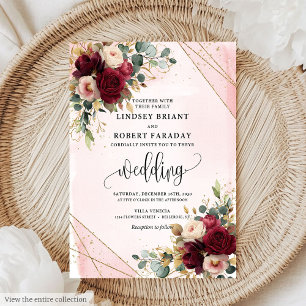 Invitation Élégant Boho Bourgogne Gold Blush Rose Mariage
