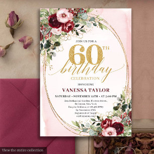 Invitation Élégant Boho Bourgogne Or Floral 60e Anniversaire