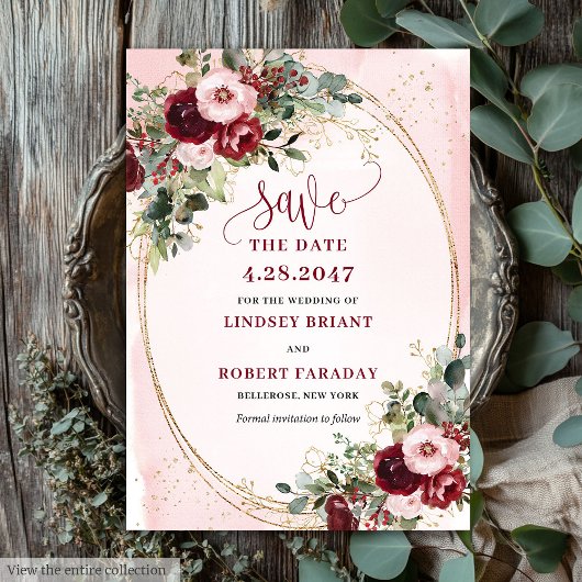 Invitation Elegant Boho Burgundy Blush Gold Floral Save Date
