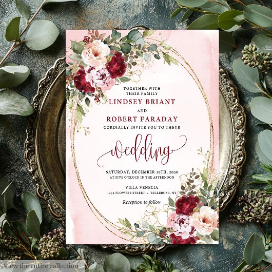 Invitation Elegant Boho Burgundy Blush Gold Floral Wedding 