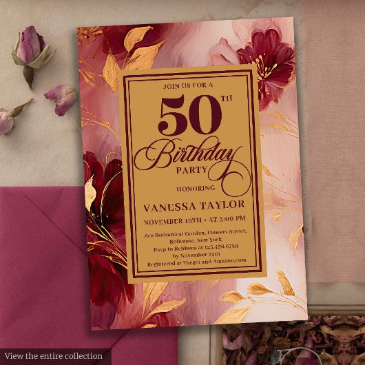Invitation Elégant Boho Burgundy Blush Gold Roses 50e Anniver