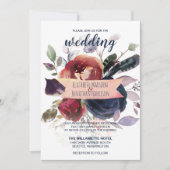 Invitation Elégant Boho Burgundy Navy Mauve Floral Mariage (Devant)