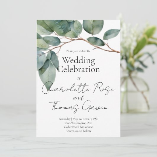 Invitation Elégant boho chic aquarelle verdure botanique (Debout devant)