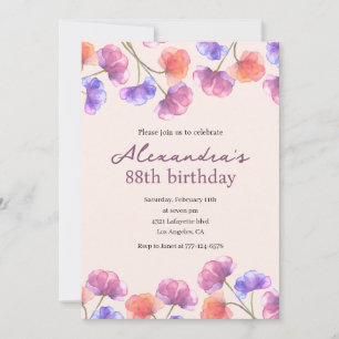 Invitation Élégant Boho Chic Fleur Aquarelle 88e anniversaire