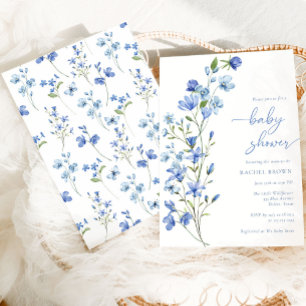 Invitation Elégant Boho Dusty Baby shower Fleur sauvage bleu