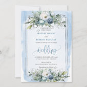 Invitation Elégant Boho Dusty Bleu Bleu Peonies d'argent Rose (Devant)