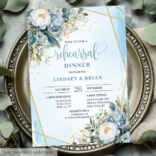 Invitation Élégant Boho Dusty Blue Eucalyptus Gold Rehearal