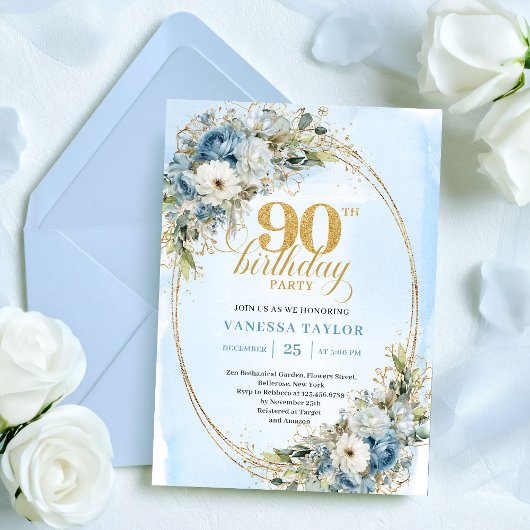 Invitation Elegant Boho Dusty Blue Floral Gold 90th Birthday