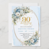 Invitation Elegant Boho Dusty Blue Floral Gold 90th Birthday (Devant)