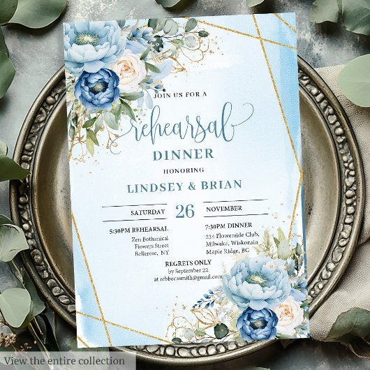 Invitation Élégant Boho Dusty Blue Floral Gold Rehearal