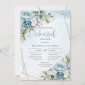 Invitation Élégant Boho Dusty Blue Floral Gold Rehearal (Devant)