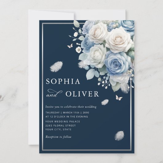 Invitation Elégant Boho Dusty Blue Floral Mariage élégant (Devant)