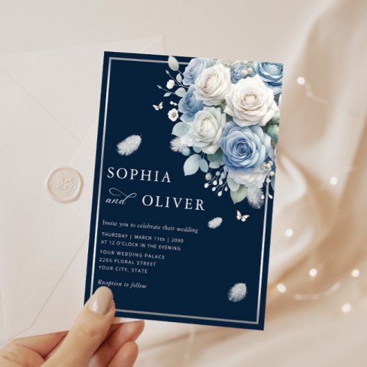 Invitation Elégant Boho Dusty Blue Floral Mariage élégant