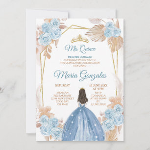 Invitation Elégant Boho Dusty Blue Floral Princess Sweet 15e