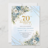 Invitation Elegant boho dusty blue florals gold frame 70th (Devant)