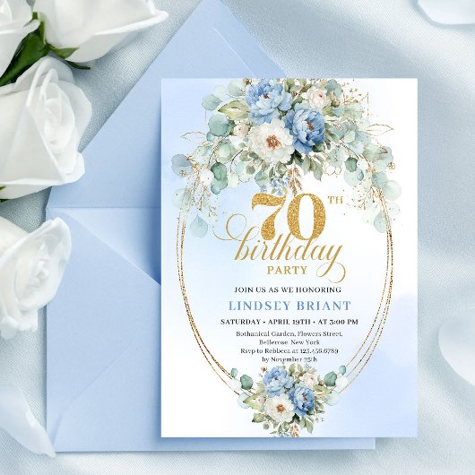 Invitation Elegant Boho Dusty Blue Flowers Gold 70th Birthday