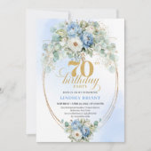 Invitation Elegant Boho Dusty Blue Flowers Gold 70th Birthday (Devant)