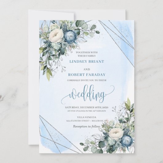 Invitation Elégant Boho Dusty Blue Silver Flowers Mariage (Devant)