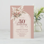 Invitation Elegant Boho Dusty Pink Pampas Floral 50 Birthday (Debout devant)