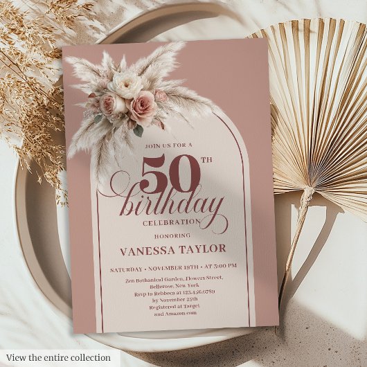 Invitation Elegant Boho Dusty Pink Pampas Floral 50 Birthday