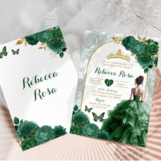 Invitation Elégant Boho Emerald Green Floral Quinceañera