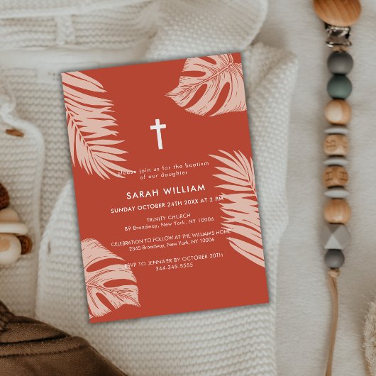 Invitation Élégant Boho en terre cuite Feuilles Croix Baptême