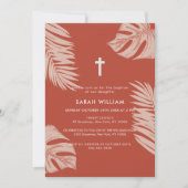 Invitation Élégant Boho en terre cuite Feuilles Croix Baptême (Devant)