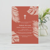 Invitation Élégant Boho en terre cuite Feuilles Croix Baptême (Debout devant)