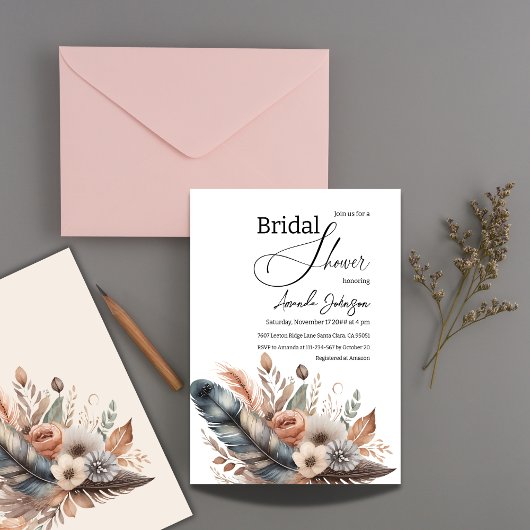 Invitation Elégant Boho Feather Fête des mariées Florale
