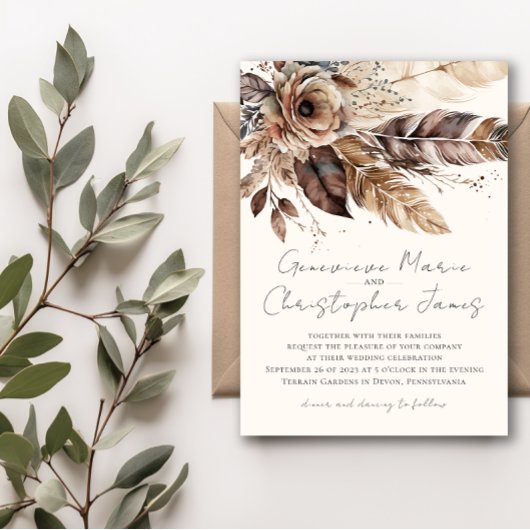 Invitation Elégant Boho Feather Floral Aquarelle Mariage