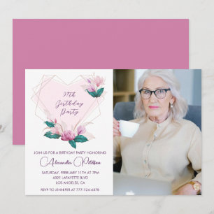 Invitation Élégant Boho Fleur Rose Photo 97e anniversaire