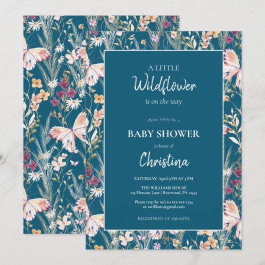 Invitation Elégant Boho Fleur sauvage Baby shower bleu (Devant / Derrière)