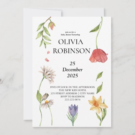 Invitation Elegant Boho Fleur sauvage Baby shower fille (Devant)