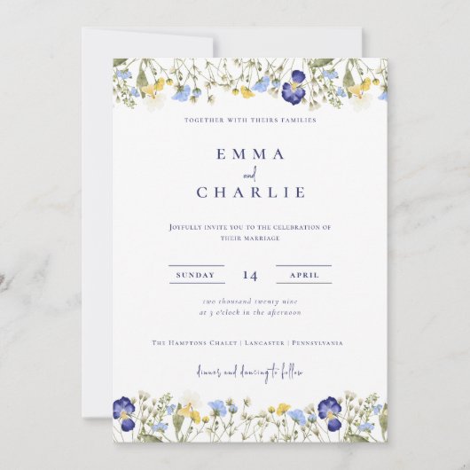 Invitation Elegant Boho Fleur sauvage bleu Mariage de script (Devant)